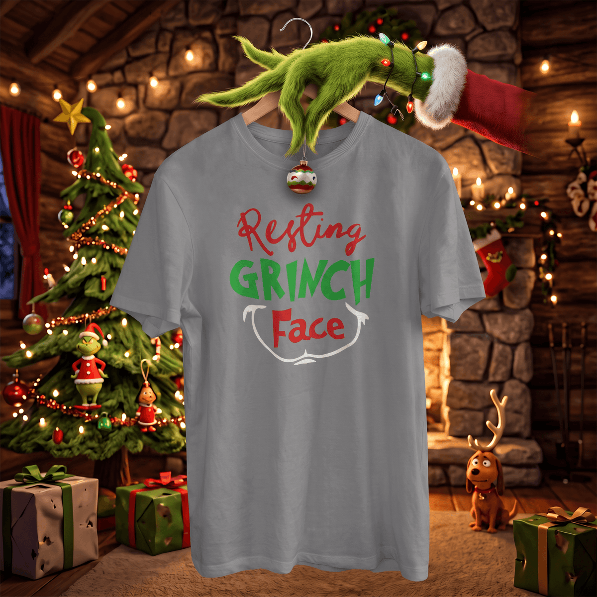 A light gray t-shirt featuring the text 'Resting GRINCH Face' in red and green lettering, hanging on a wooden hanger with a Grinch-themed Santa hat and ornament. The background depicts a cozy, festive Christmas living room with a decorated tree, fireplace, and gifts.