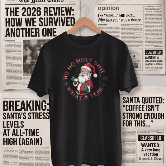 A black short-sleeve graphic t-shirt hanging on a wooden hanger against a background of mock newspaper pages. The shirt features a circular graphic with the text 'HO HO HOLY SAINT WHAT A YEAR' surrounding an illustration of Santa Claus.